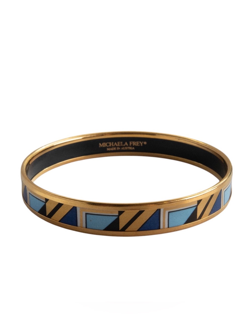 Vintage Michaela Frey Blue Geometric Enamel Gold Bangle Bracelet Austria